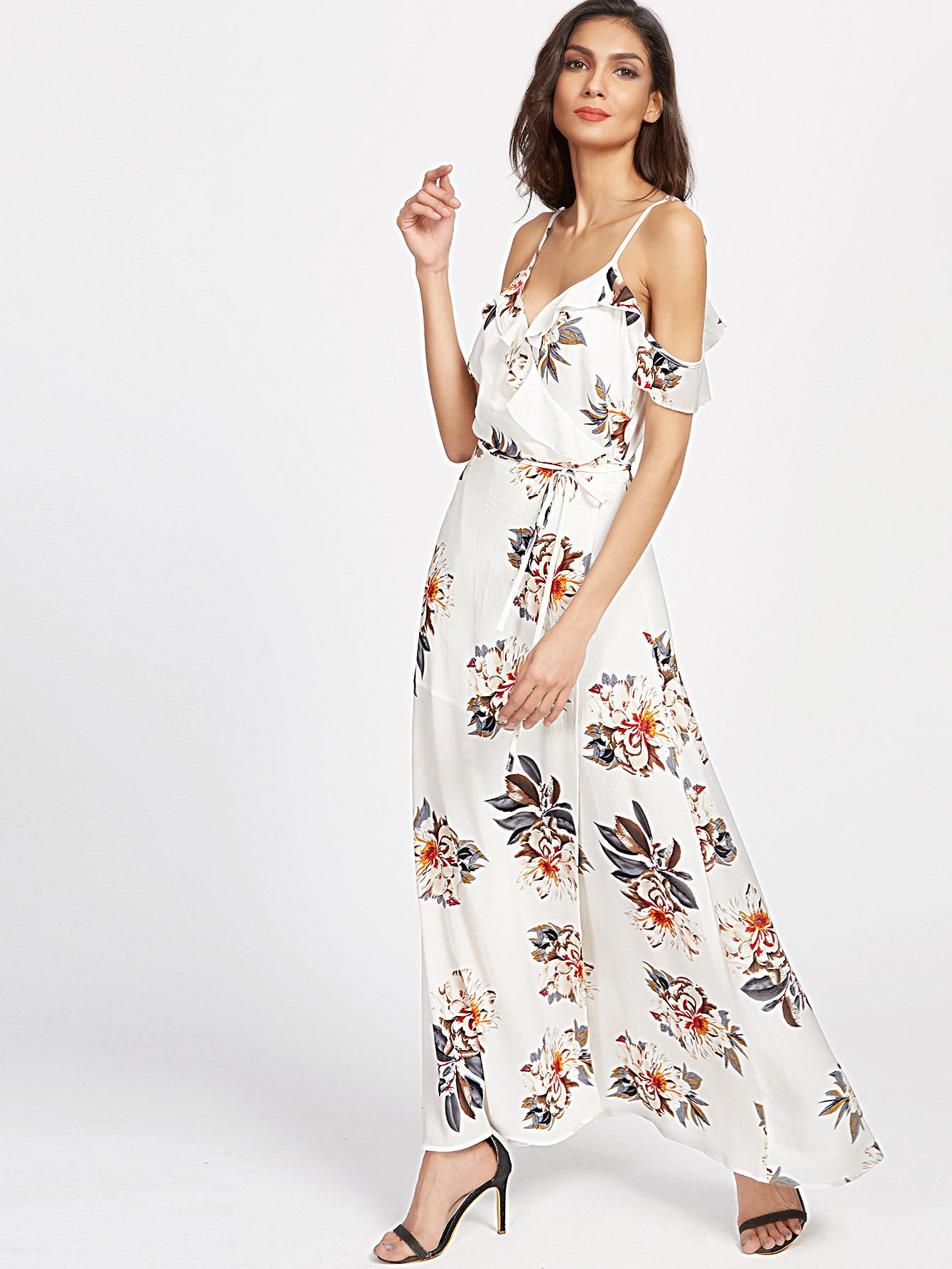 Frill Trim Open Tie Back Slit Dress SheIn(Sheinside)