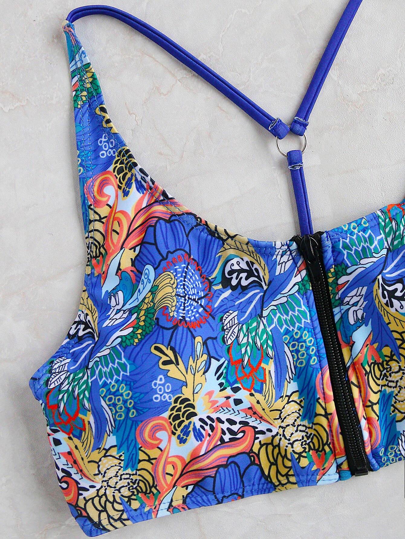 Blue Floral Print Front Zipper Bikini Set SheIn(Sheinside)