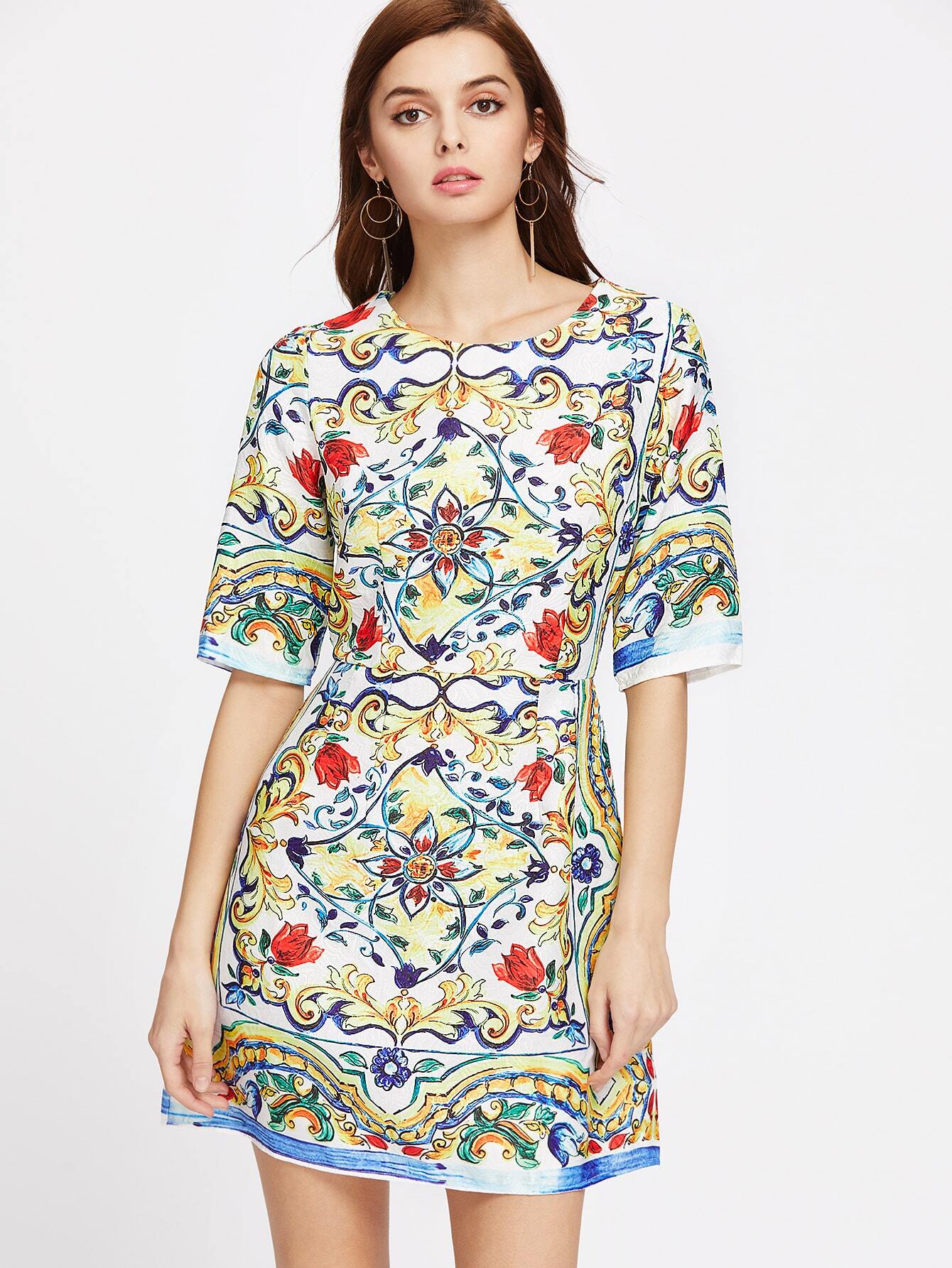 Elbow Sleeve Flower Print A Line Dress SheIn(Sheinside)