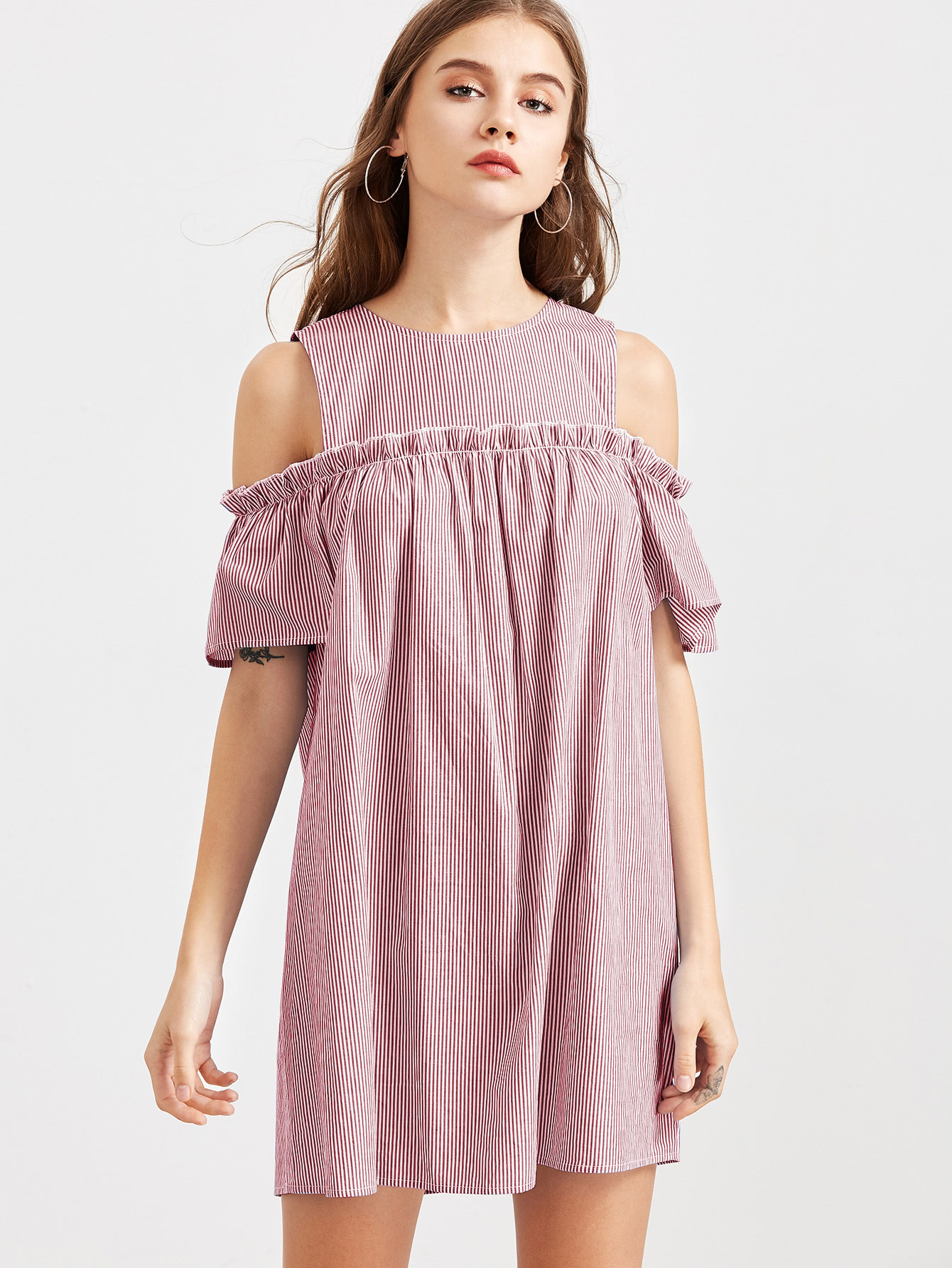 Open Shoulder Button Closure Back Frilled Striped Dress print front button frilled dress