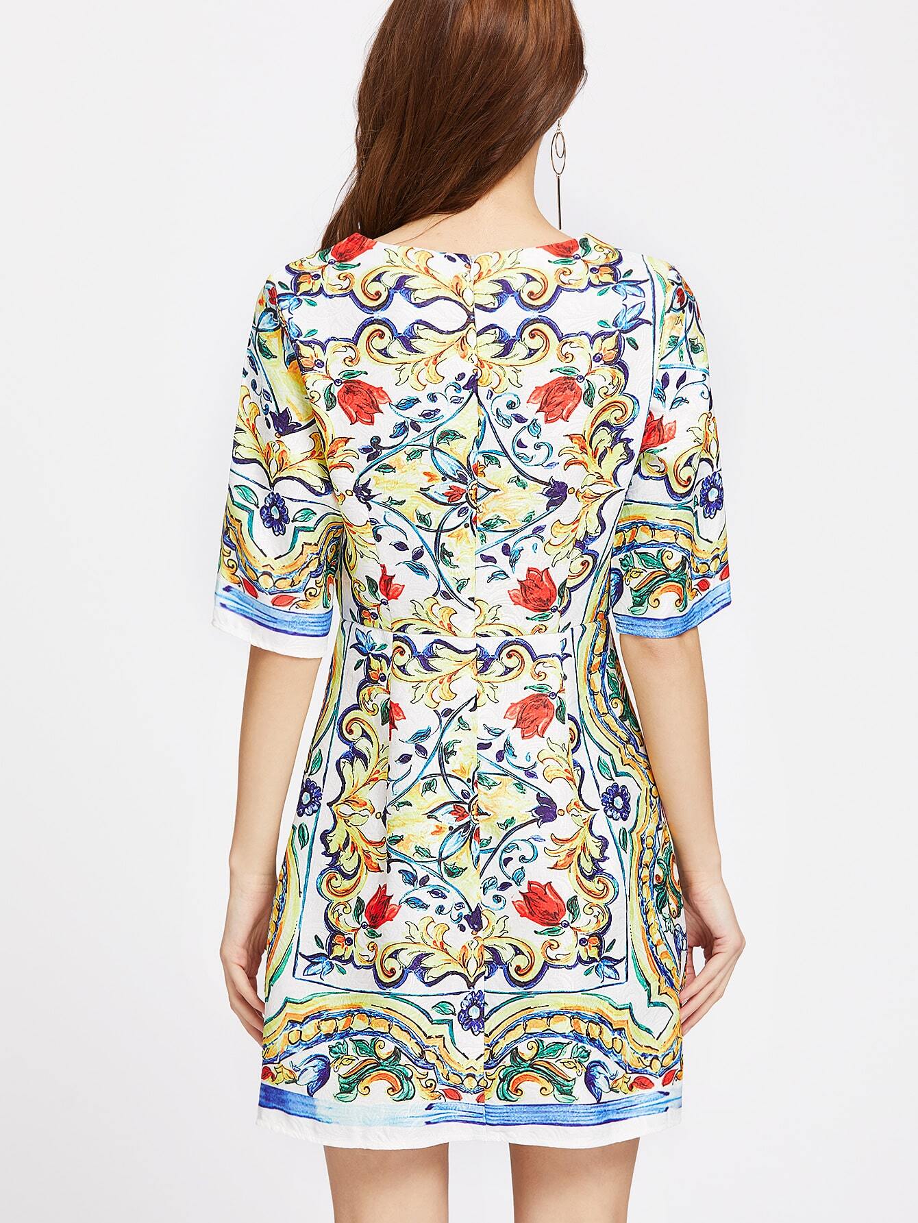Elbow Sleeve Flower Print A Line Dress SheIn(Sheinside)
