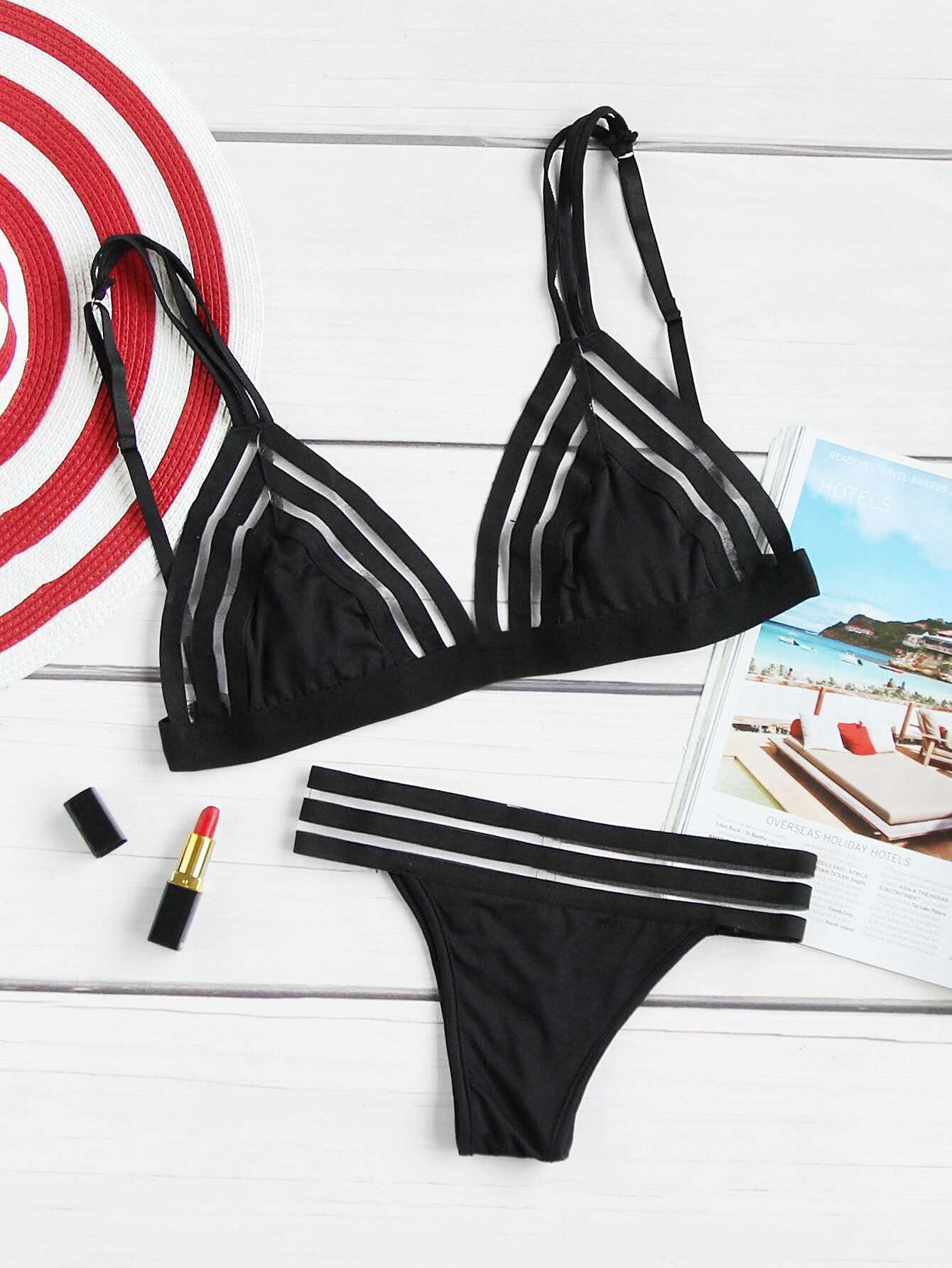 Mesh Insert Triangle Bikini Set SheIn(Sheinside)