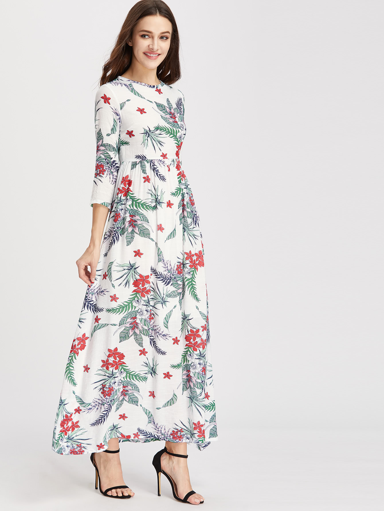 Floral Print Zipper Back Full Length Dress SheIn(Sheinside)