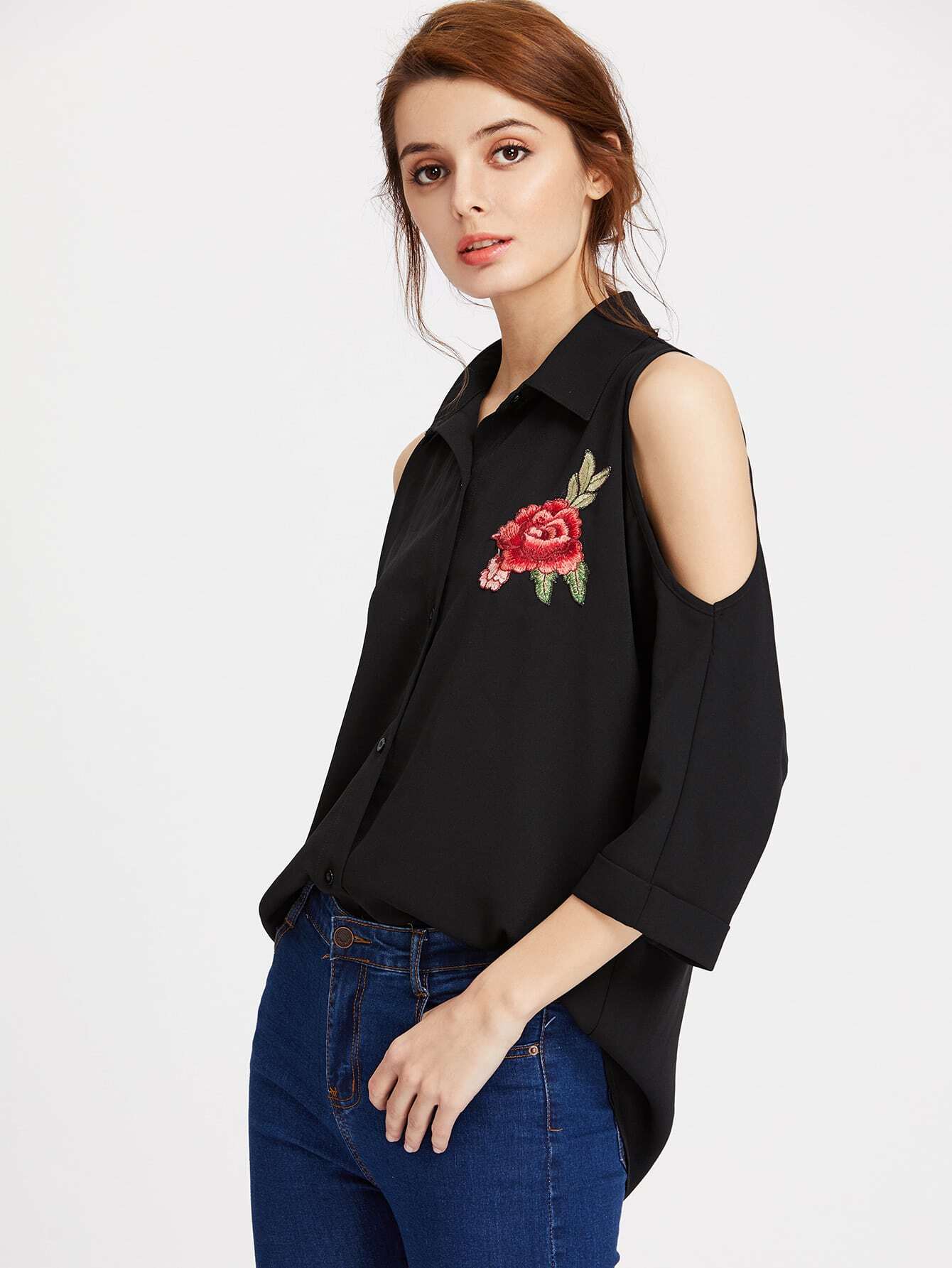 Embroidered Flower Applique Open Shoulder Curved Blouse SheIn(Sheinside)