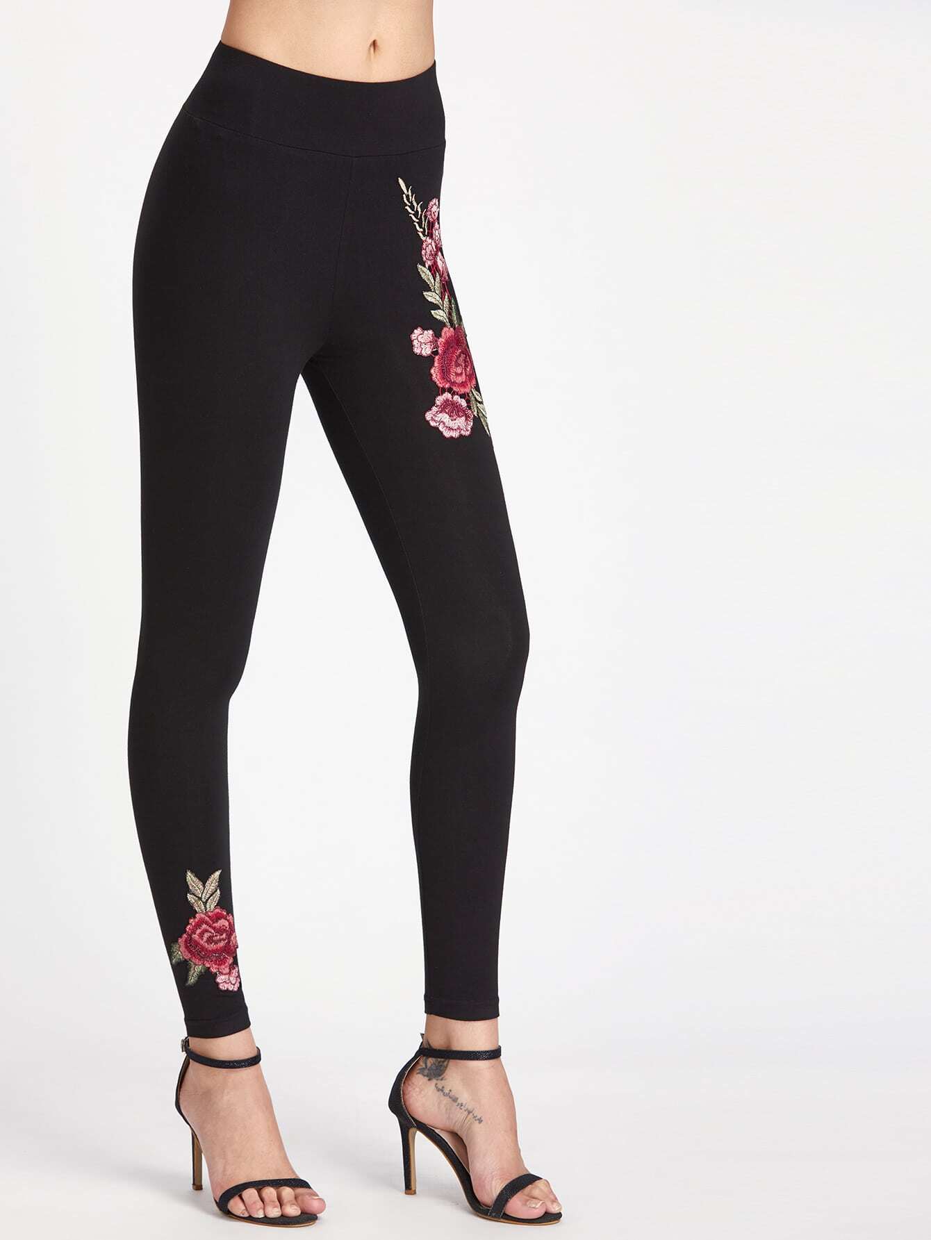 Embroidered Patch Detail Wide Waistband Leggings SheIn(Sheinside)