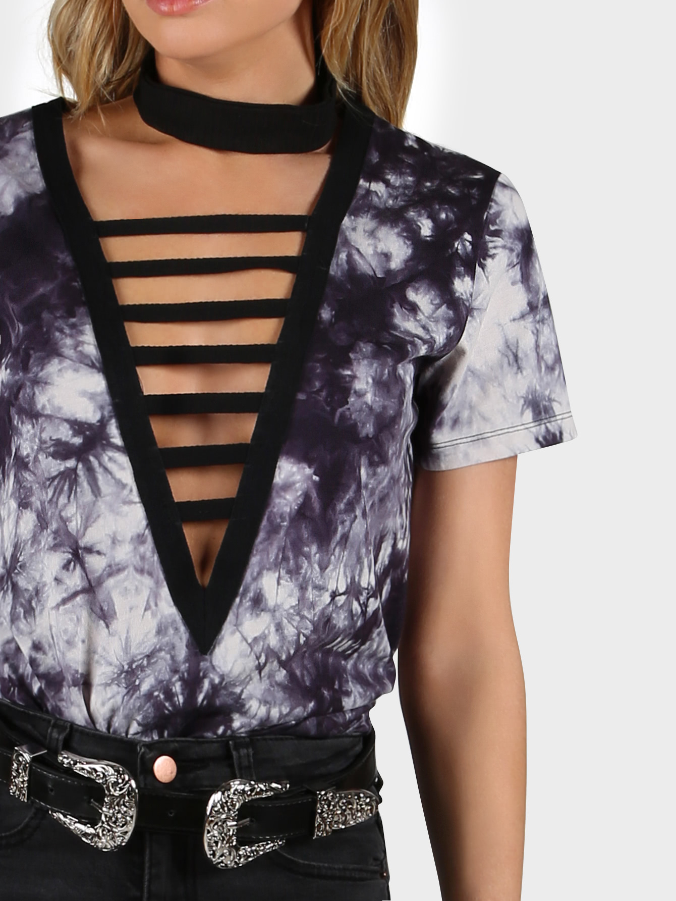 Ladder Cut Plunging Neck Tie Dye Tshirt SheIn(Sheinside)