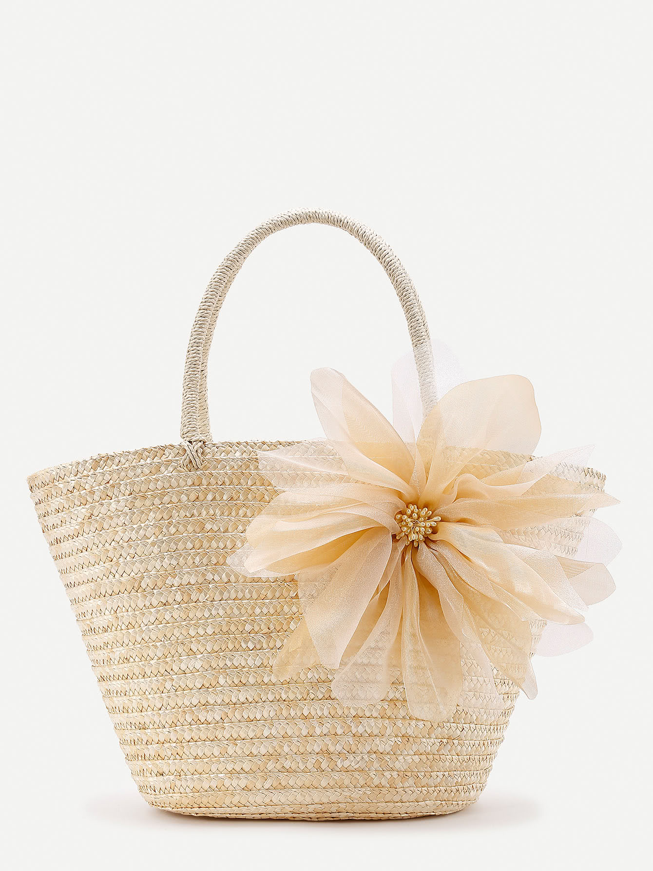 Mesh Flower Detail Straw Beach Tote Bag SheIn(Sheinside)