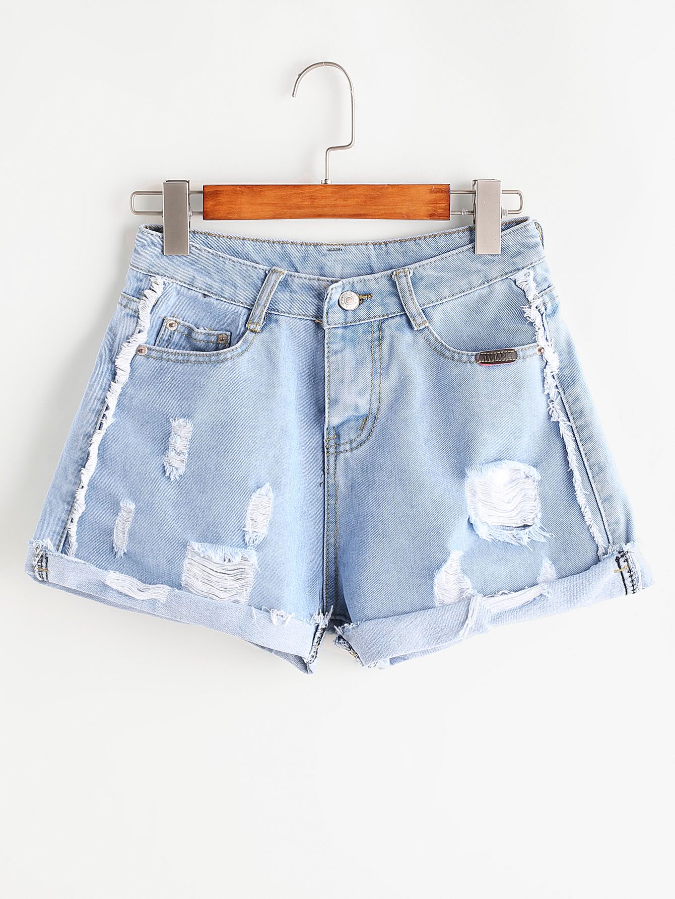 Frayed Rolled Hem Denim Shorts SheIn(Sheinside)