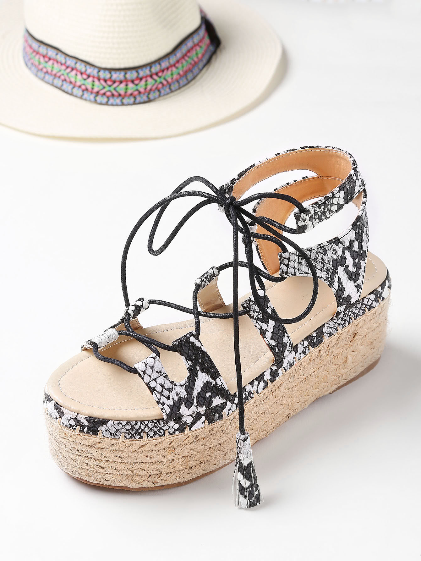 snake print tie up sandals