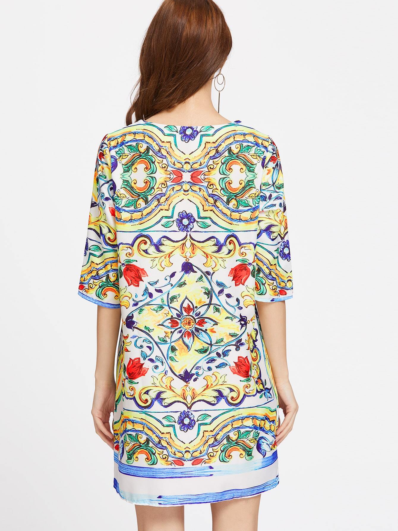 Elbow Sleeve Flower Print Shift Dress SheIn(Sheinside)