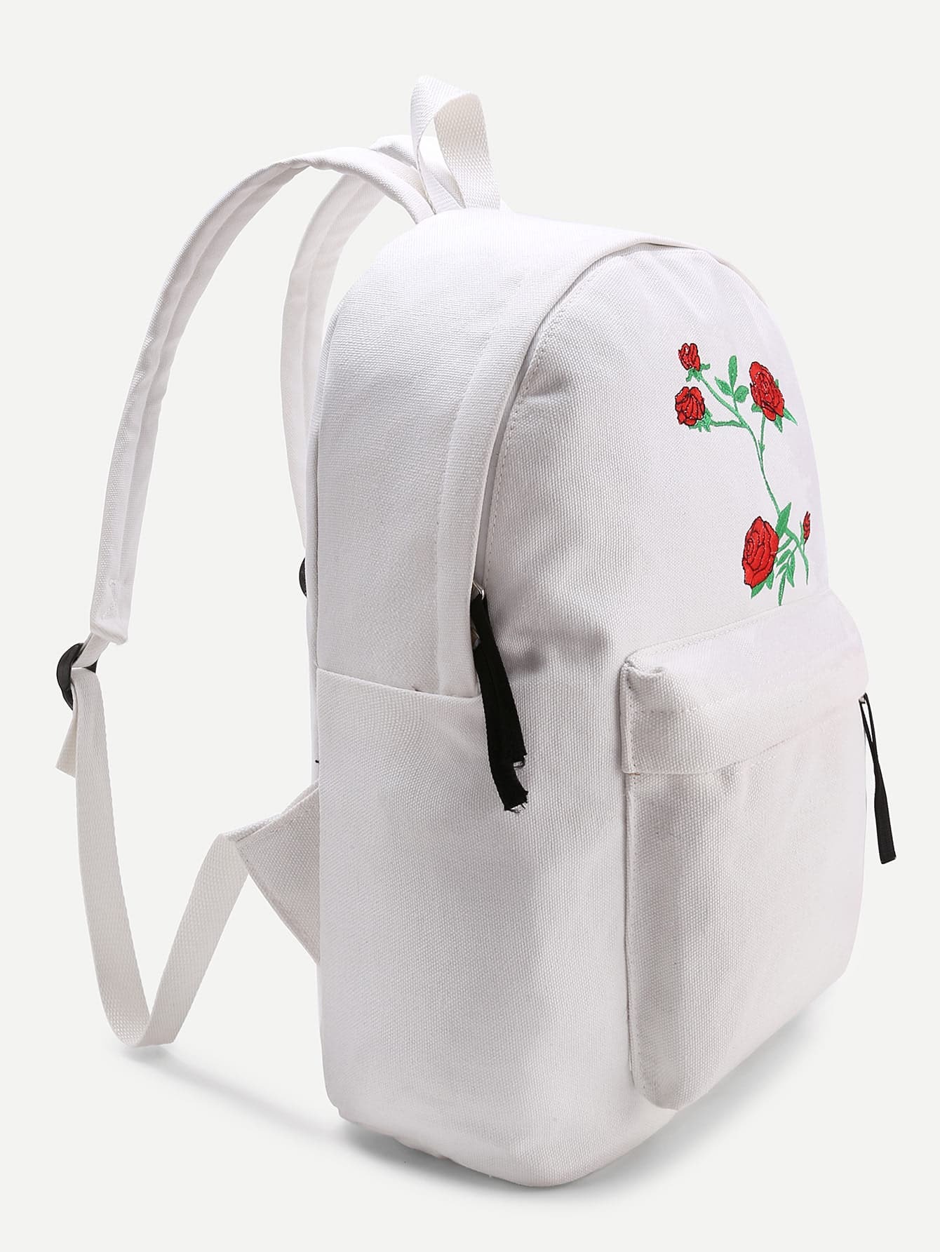 Flower Embroidery Zipper Front Canvas Backpack SheIn(Sheinside)