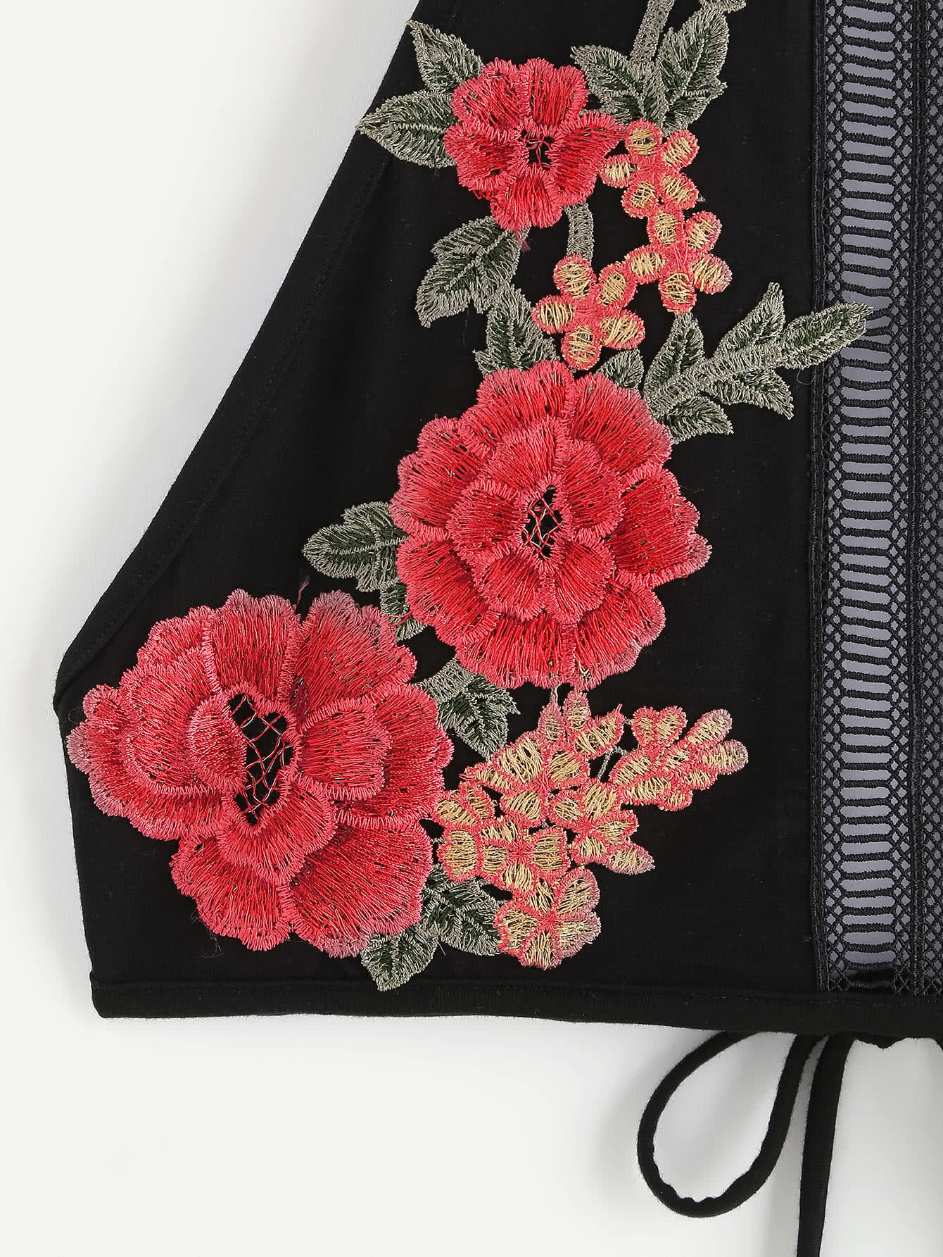 Ladder Lace Insert Embroidered Flower Patch Halter Top SheIn(Sheinside)