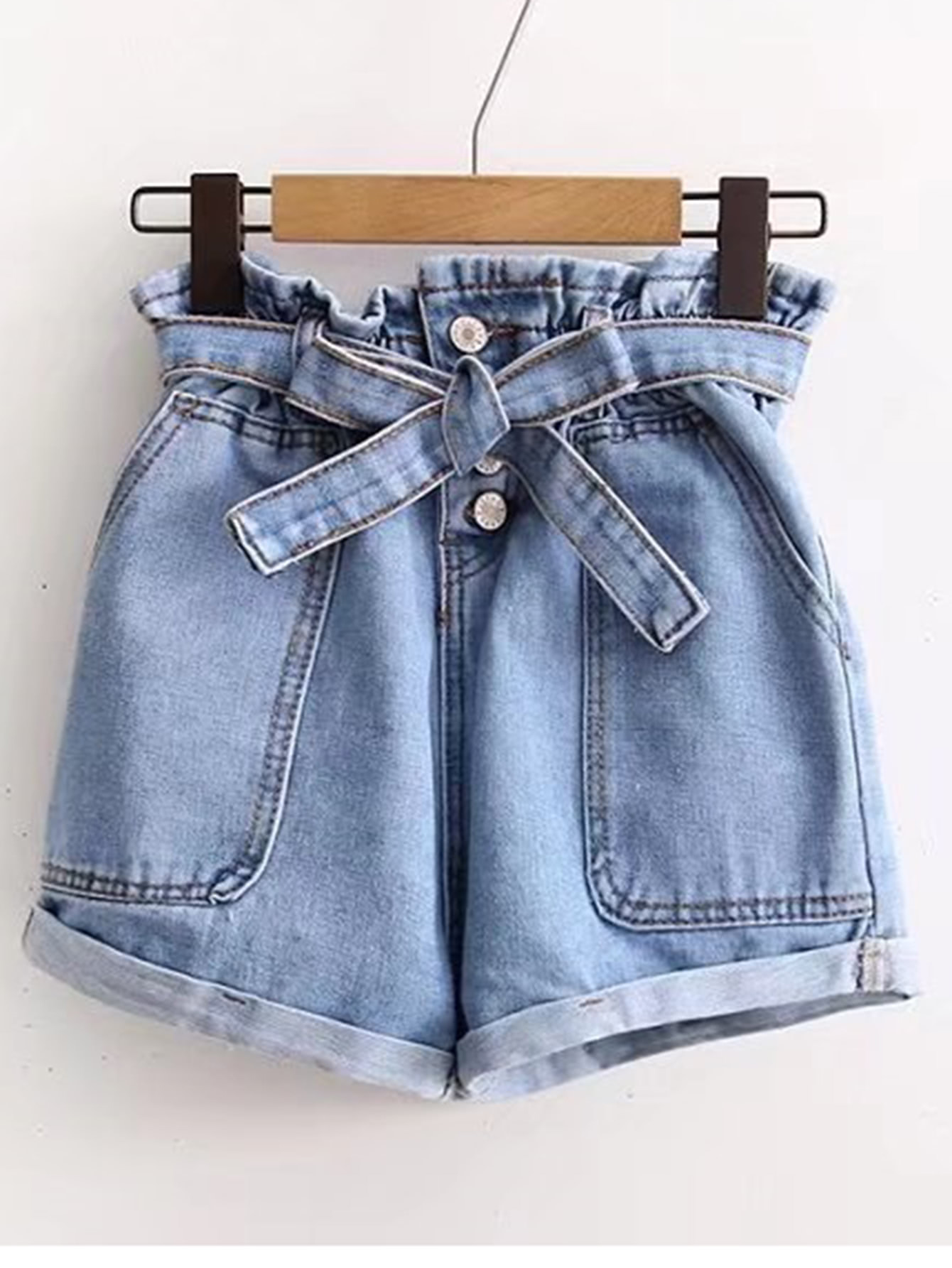 Tie Waist Rolled Hem Denim Shorts SheIn(Sheinside)