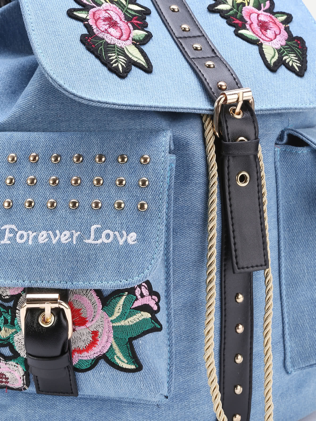 Applique And Studded Embellished Denim Backpack SheIn(Sheinside)