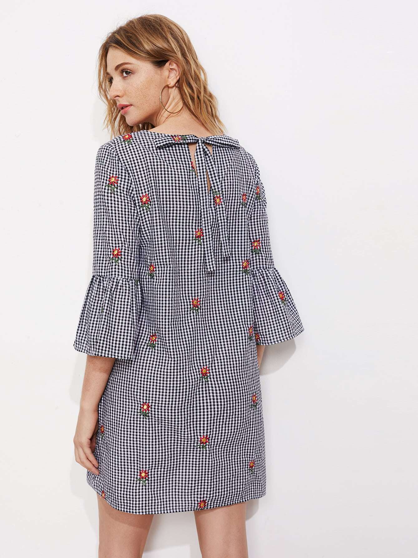 Fluted Sleeve Bow Back Flower Embroidered Gingham Dress SheIn(Sheinside)