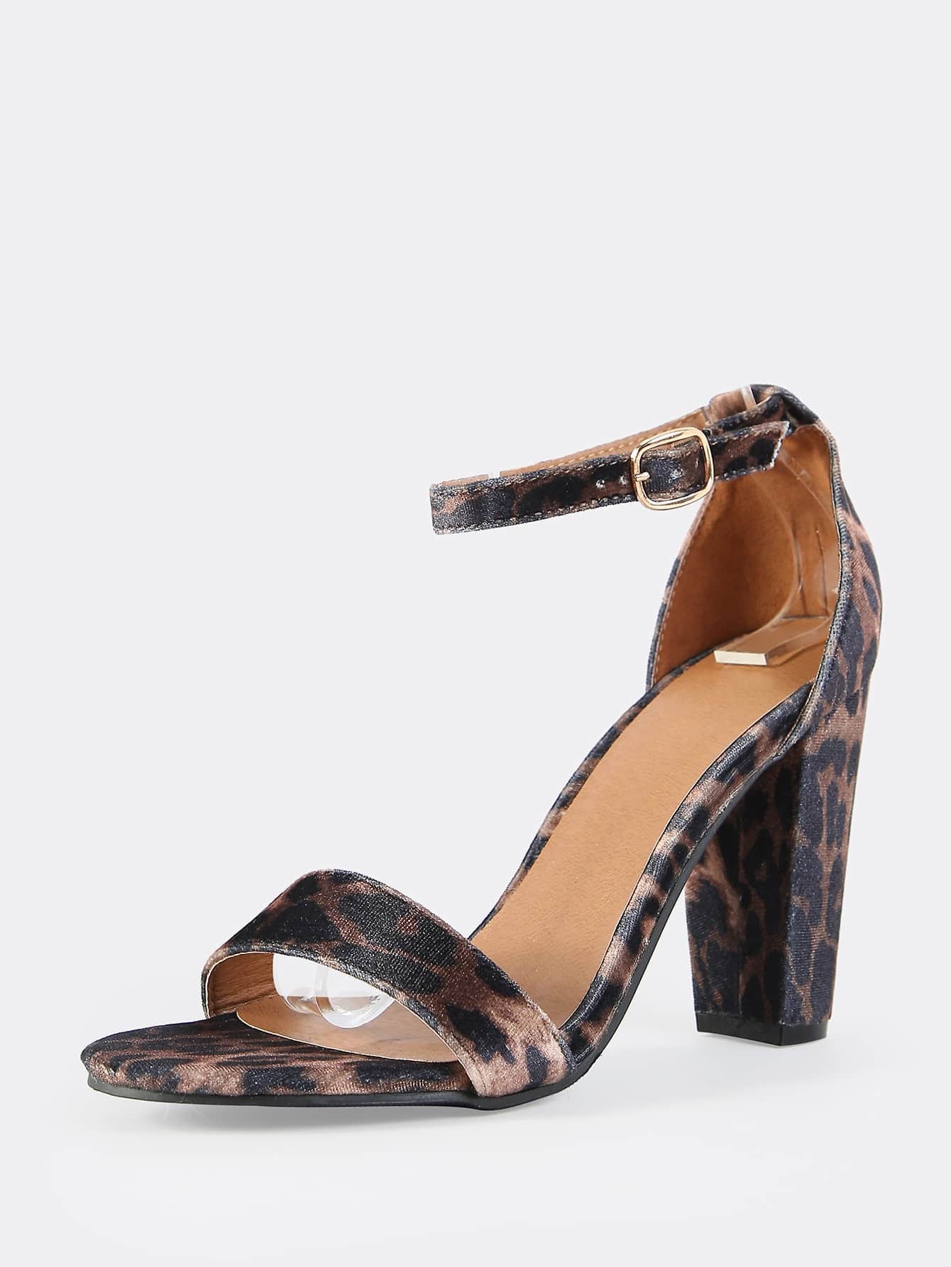 Leopard Velvet Ankle Strap Heels LEOPARD SheIn(Sheinside)