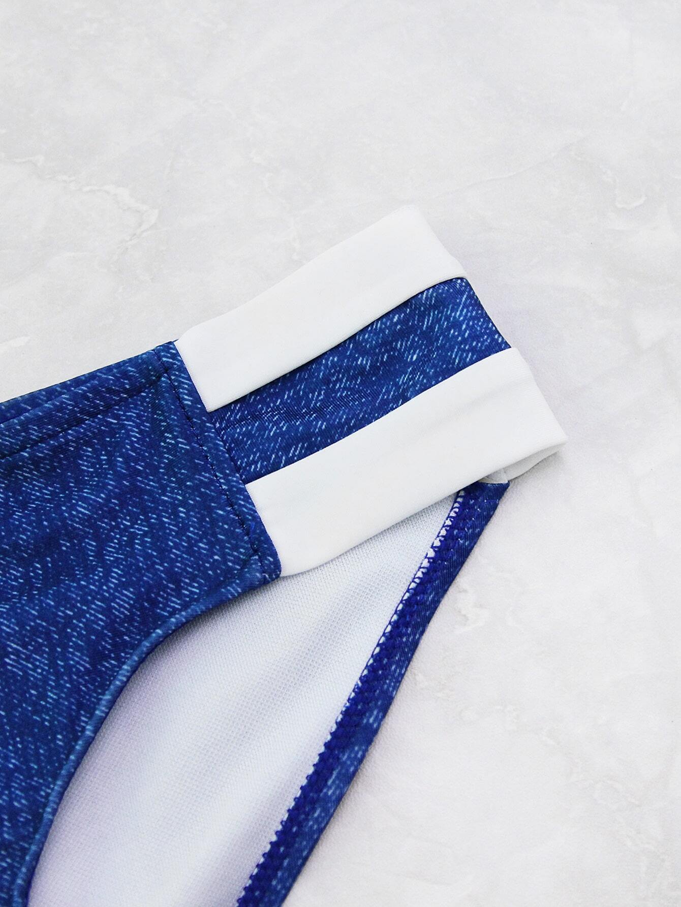 Contrast Trim Zipper Up Bandeau Bikini Set SheIn(Sheinside)