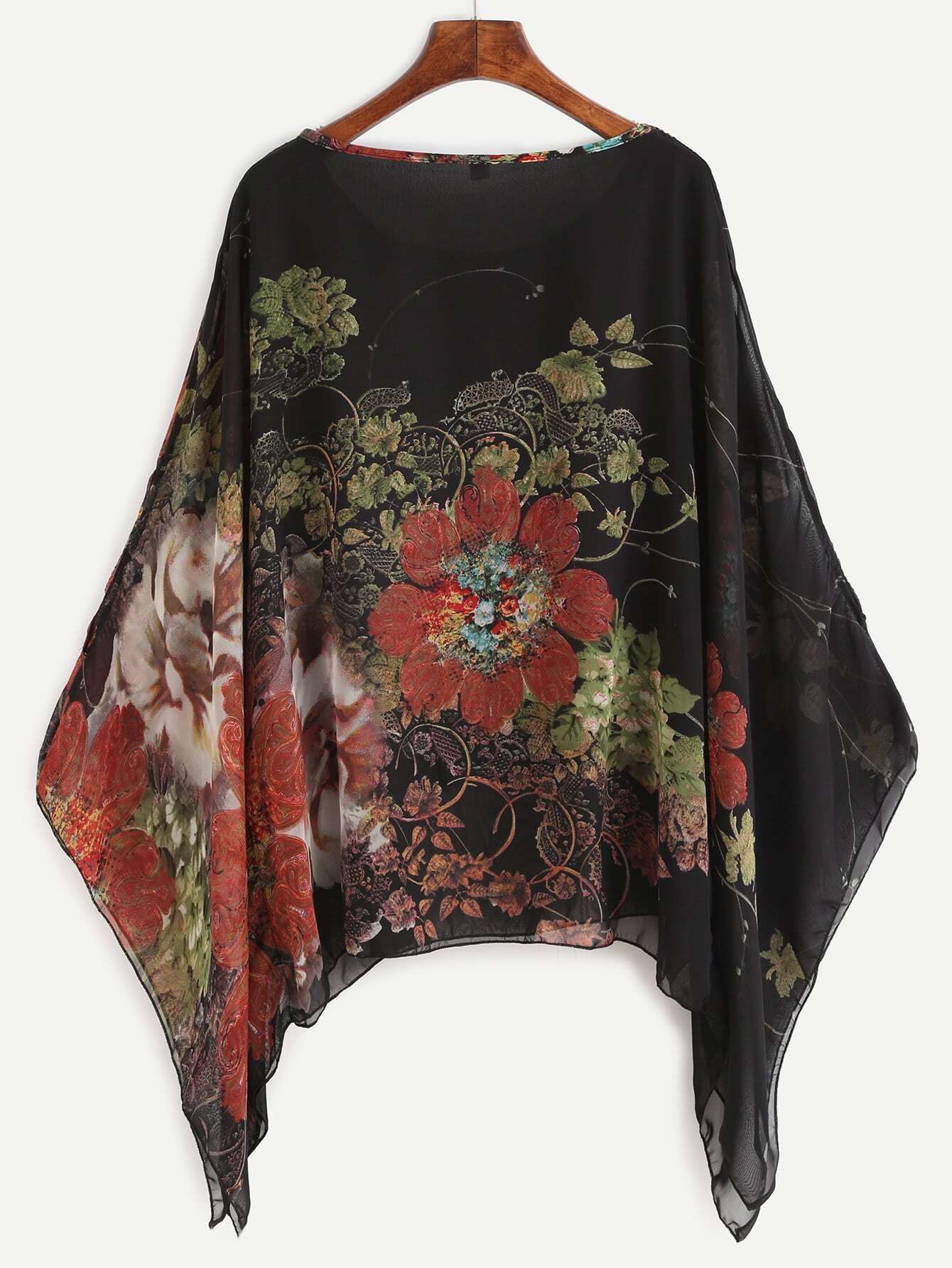 Kimono Sleeve Florals Chiffon Blouse SheIn(Sheinside)