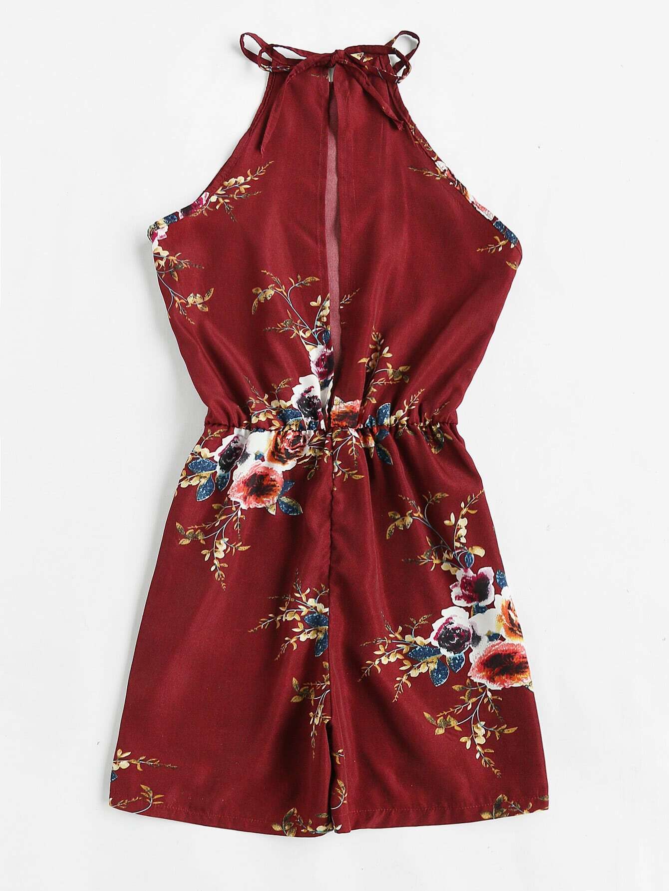 Floral Print Random Self Tie Open Back Romper SheIn(Sheinside)