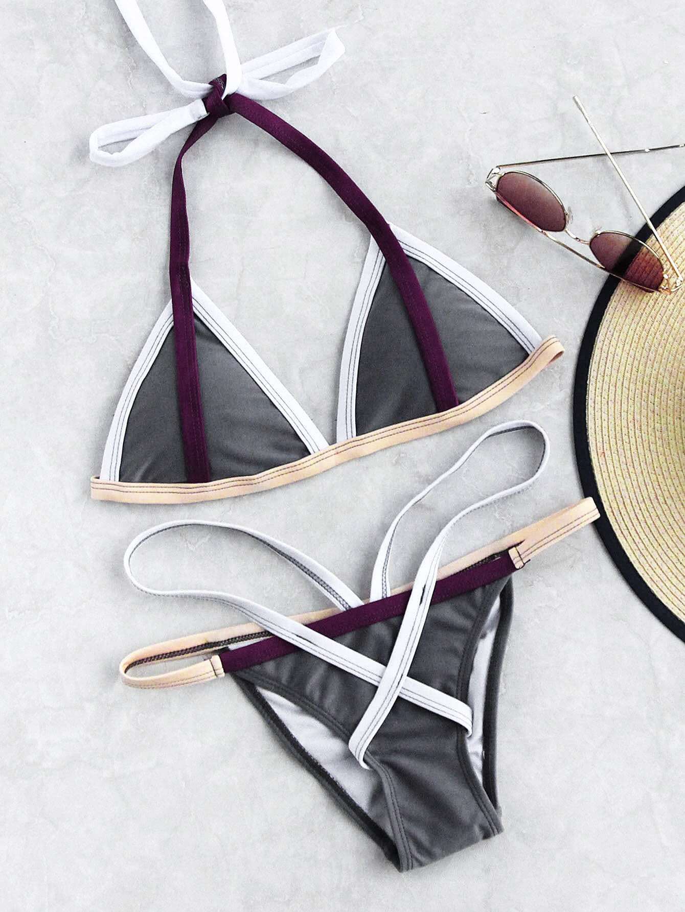 Contrast Strap Triangle Bikini Set SHEIN(SHEINSIDE)