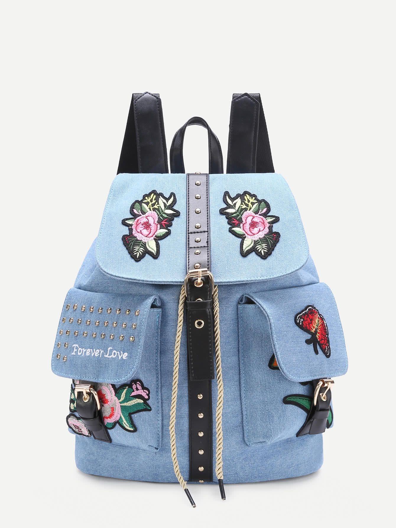 Applique And Studded Embellished Denim Backpack SheIn(Sheinside)