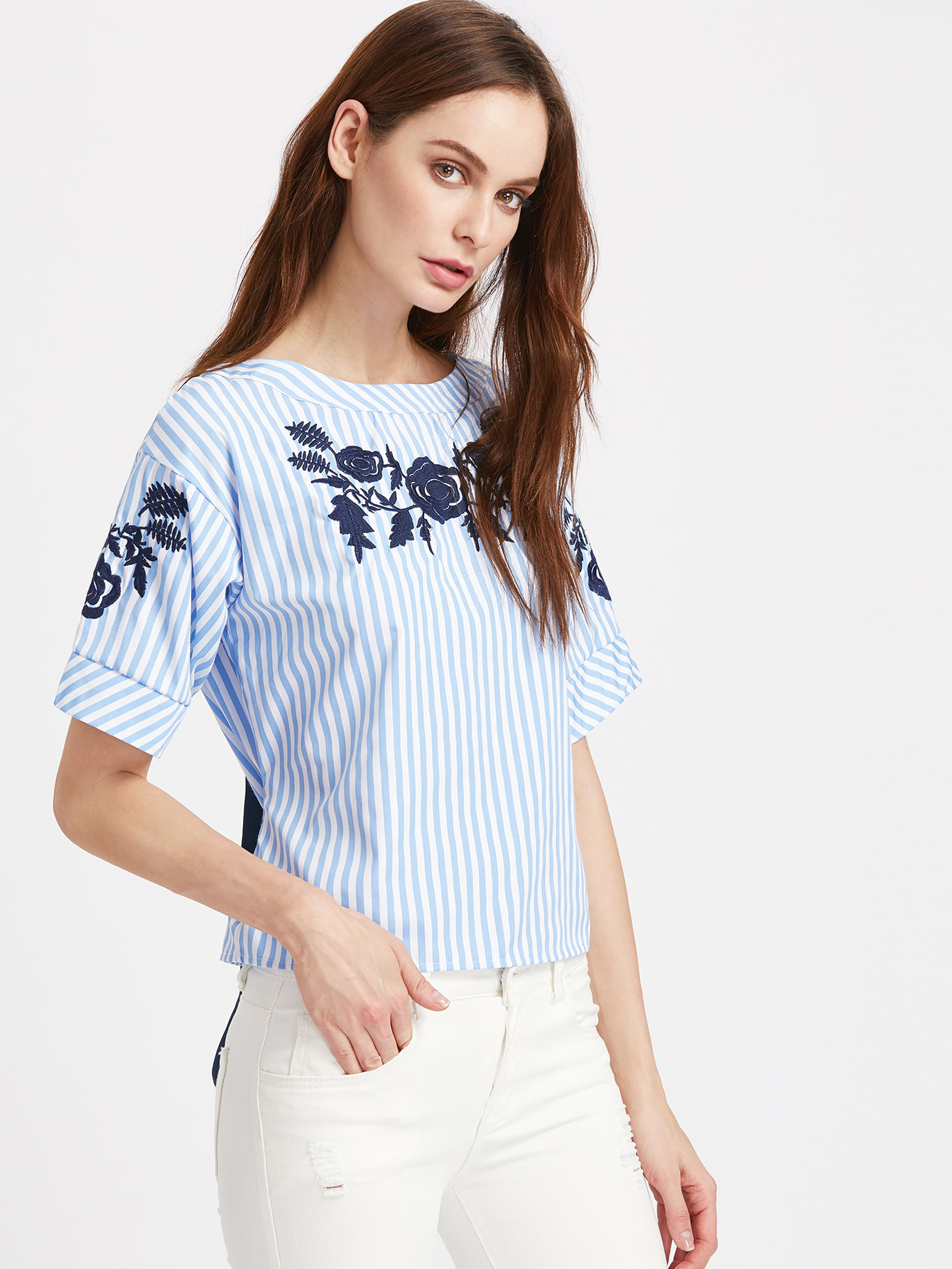 Embroidery Split Back Bow Tie Detail Striped Top SheIn(Sheinside)