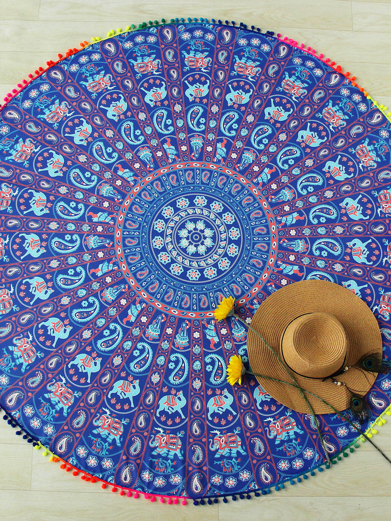 Paisley Print Pom Pom Trim Round Beach Blanket SheIn(Sheinside)