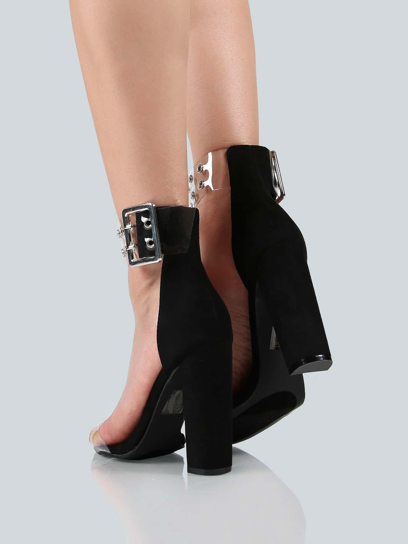 black clear ankle strap heels
