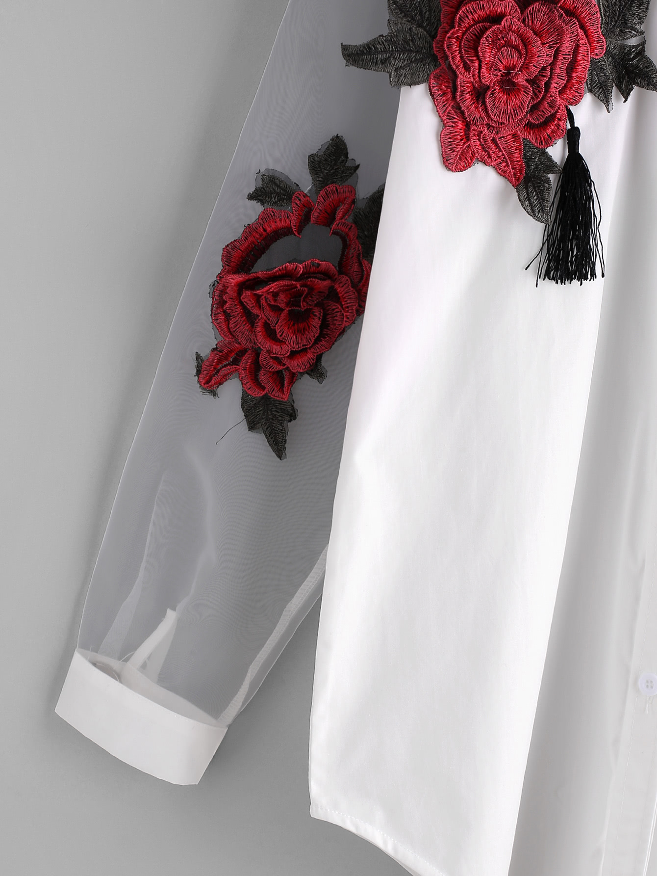 Appliques Tassel Detail Shirt With Sheer Mesh Panel SheIn(Sheinside)