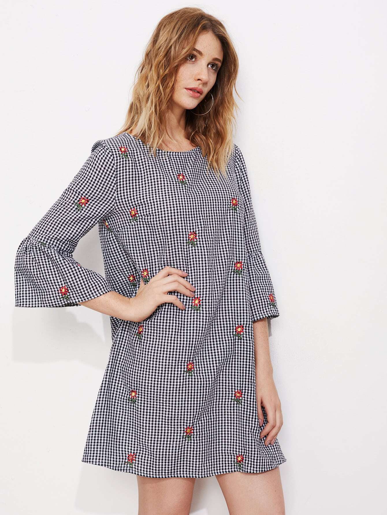 Fluted Sleeve Bow Back Flower Embroidered Gingham Dress SheIn(Sheinside)