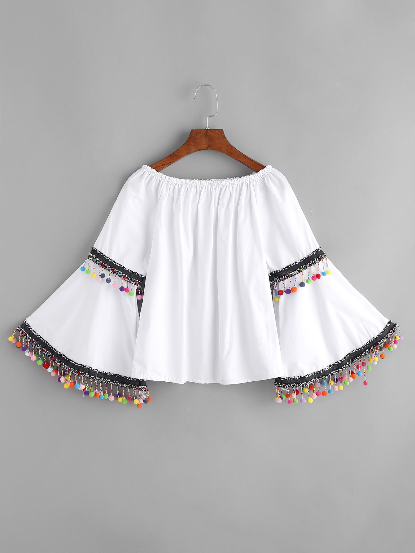 Boat Neckline Pom Pom Trim Bell Sleeve Top SheIn(Sheinside)
