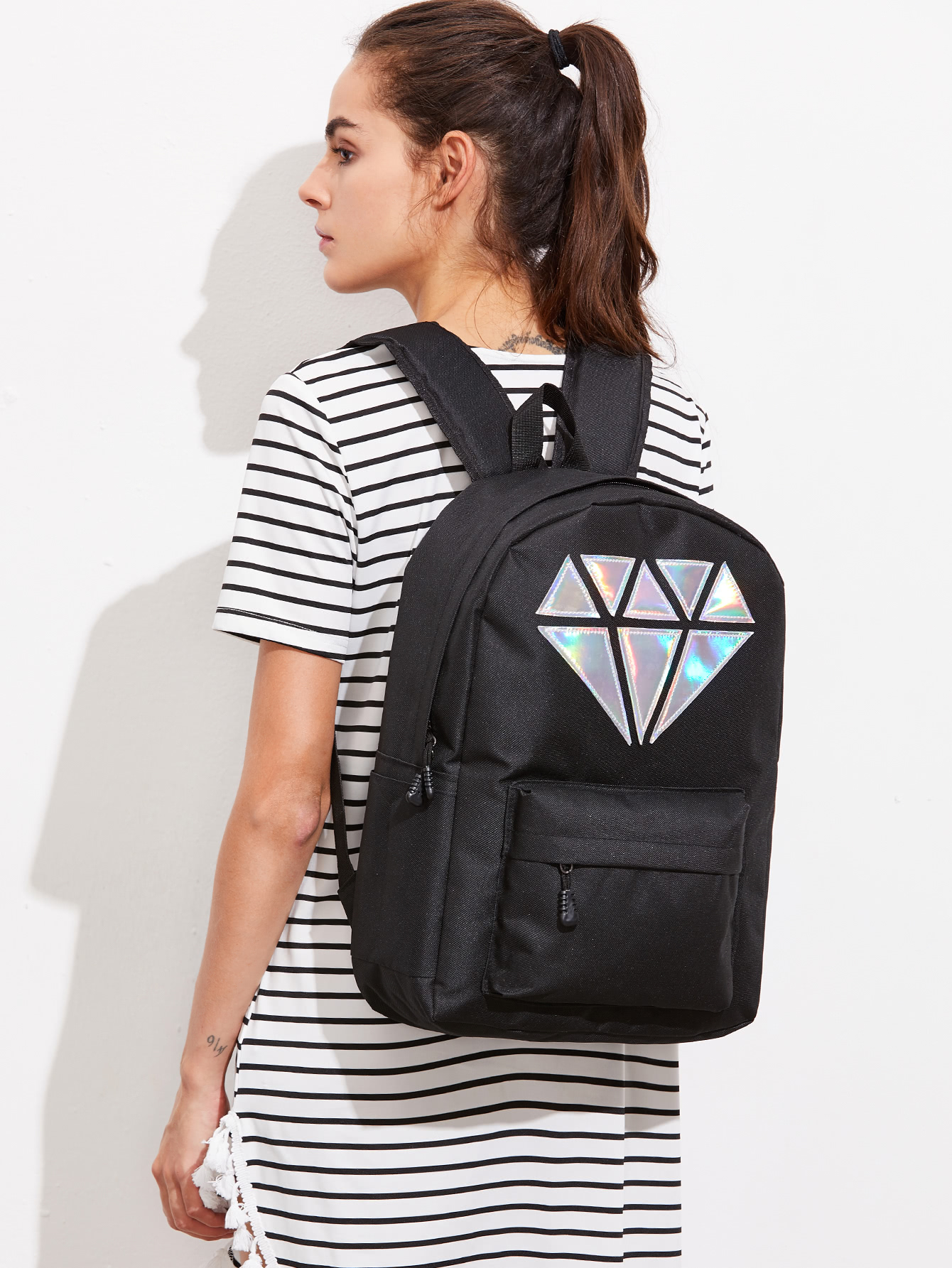 Metallic Diamond Patch Pocket Front Backpack SheIn(Sheinside)