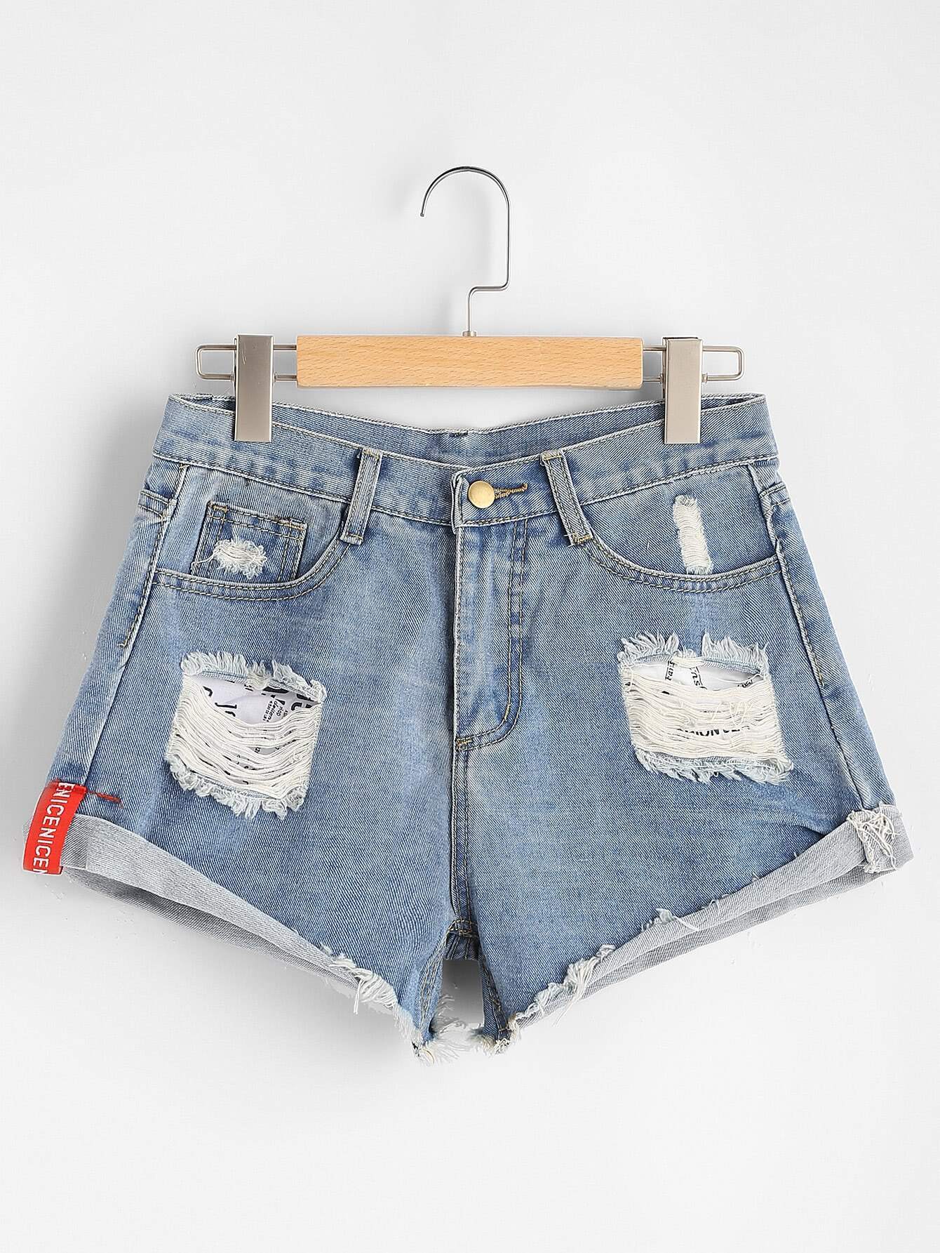 Distressed Rolled Hem Denim Shorts SheIn(Sheinside)