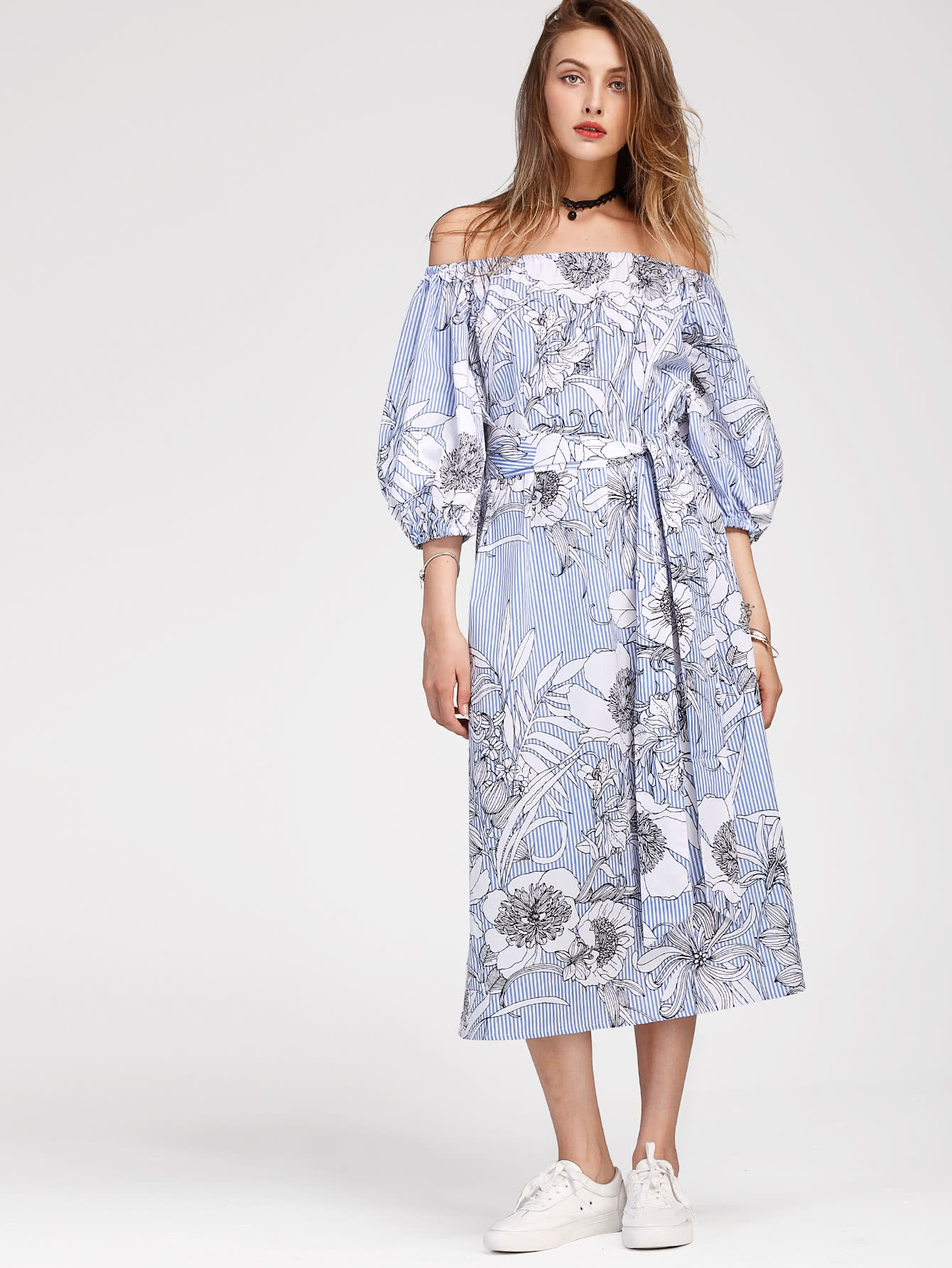 цены Bardot Lantern Sleeve Vertical Striped Florals Dress