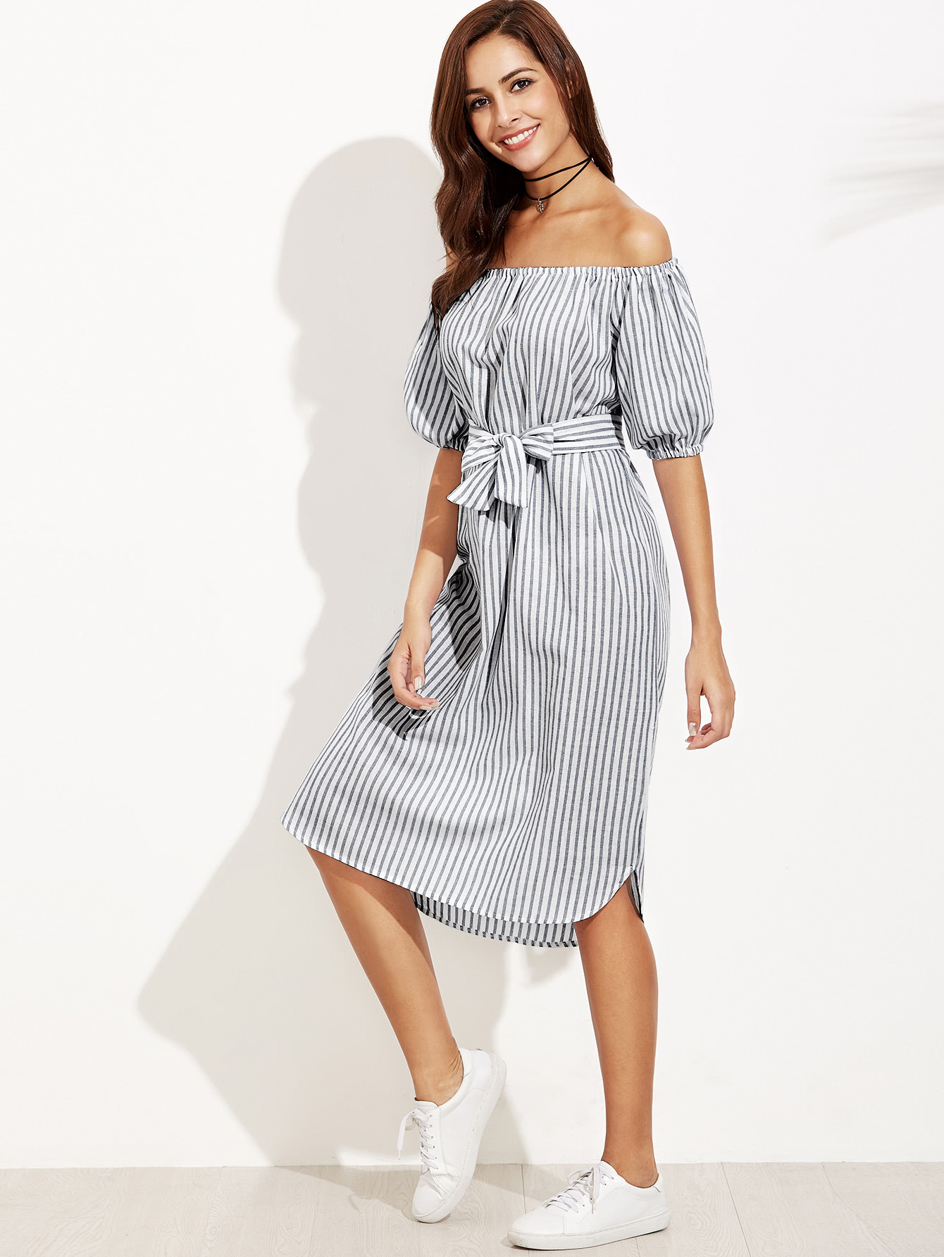 Bardot Lantern Sleeve Self Tie Vertical Striped Dress shirred bardot tiered sleeve striped dress