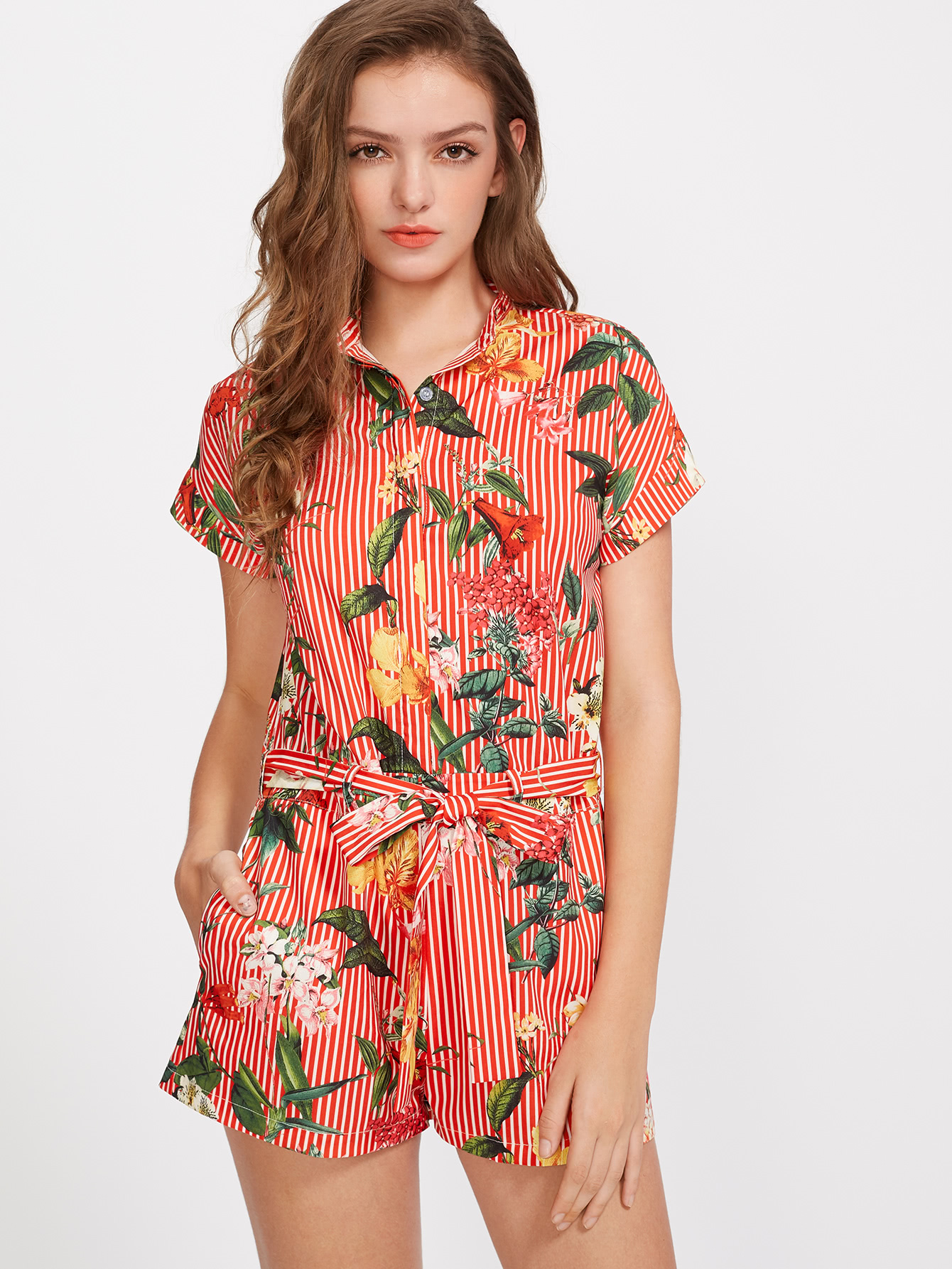Hidden Placket Self Belt Mixed Print Shirt Playsuit SheIn(Sheinside)