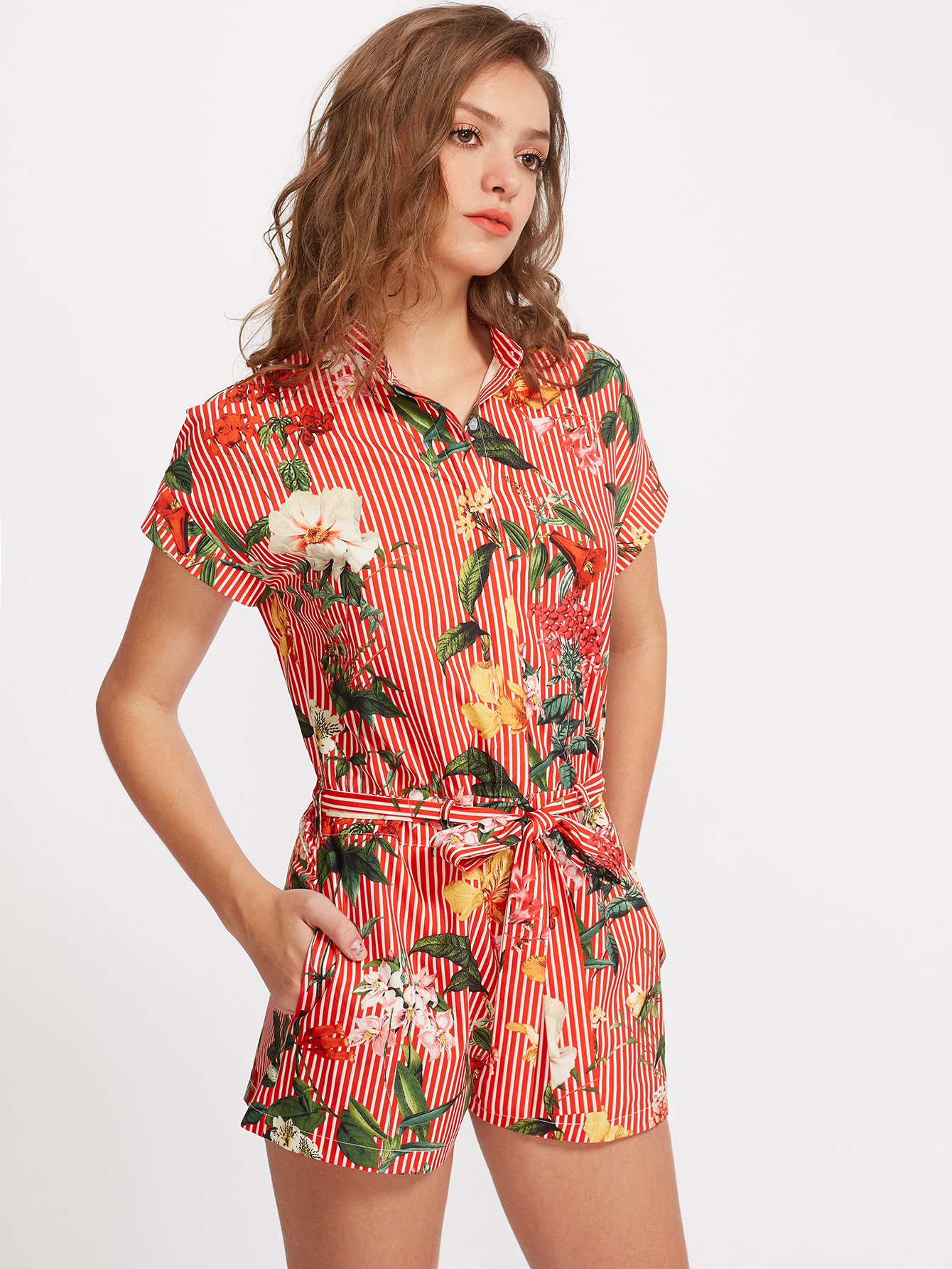 Hidden Placket Self Belt Mixed Print Shirt Playsuit SheIn(Sheinside)