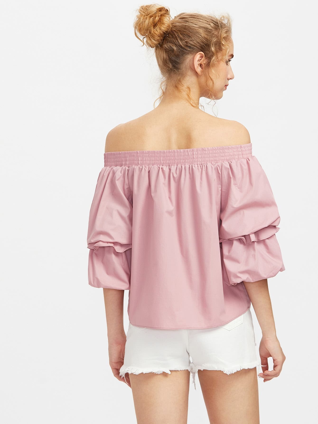 Bardot Lantern Sleeve Top With Bow SheIn(Sheinside)