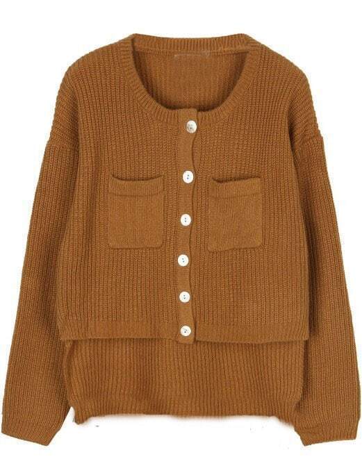 Light Camel High Low Pockets Cardigan Sweater SheIn(Sheinside)