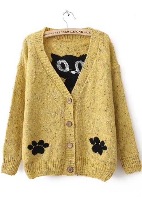 Yellow Long Sleeve Cat Print Cardigan Sweater -SheIn(Sheinside) - Yellow Long Sleeve Cat Print Cardigan Sweater -SheIn(Sheinside)