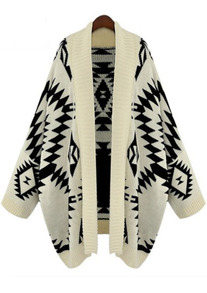 Apricot Batwing Long Sleeve Geometric Cardigan Sweater