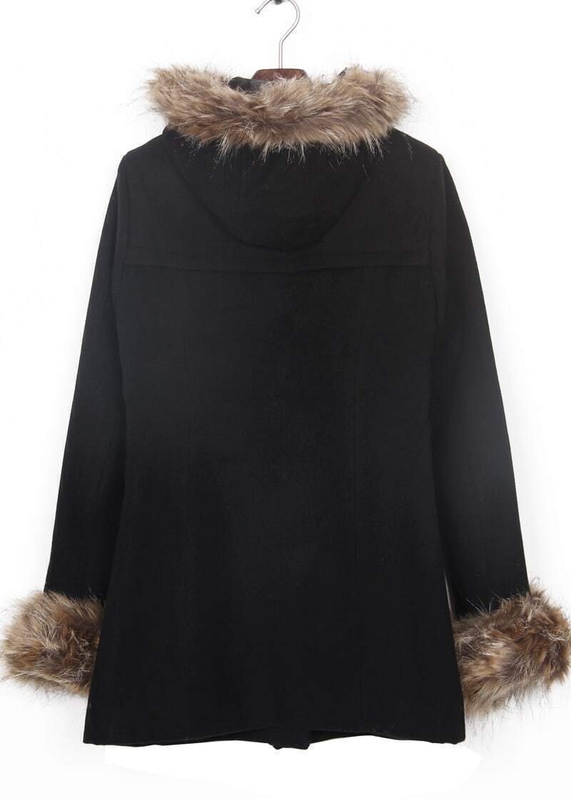 Black Fur Trim Hooded and Cuffs Duffle Woolen Coat SheIn(Sheinside)