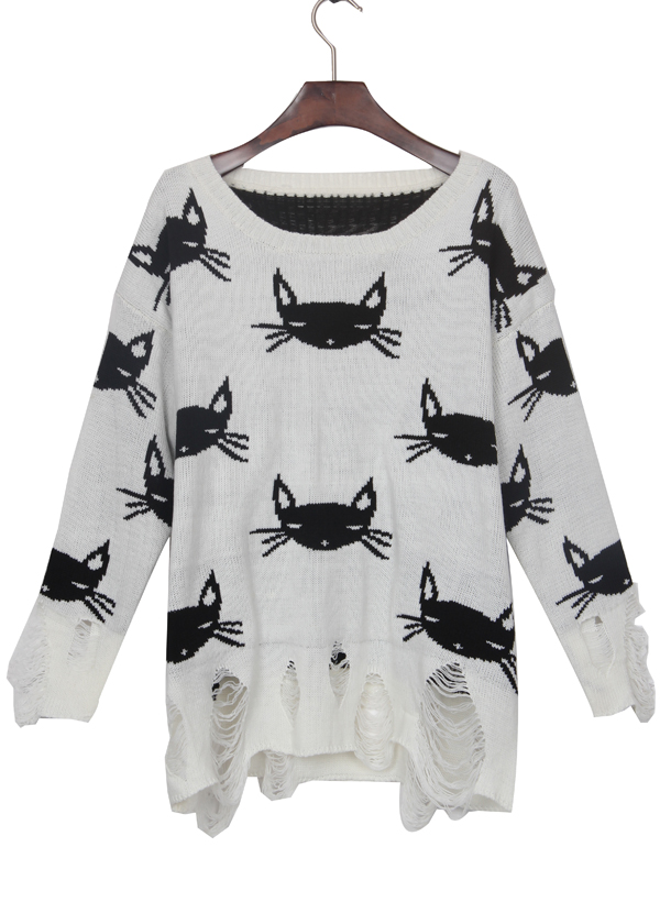 White Black Cat Print Shredded Distressed Sweater SheIn(Sheinside)