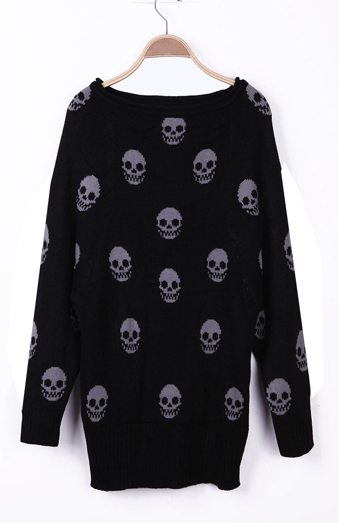 black skull pattern reglan sleeve boat neck sweater shein sheinside black skull pattern reglan sleeve boat neck sweater shein sheinside