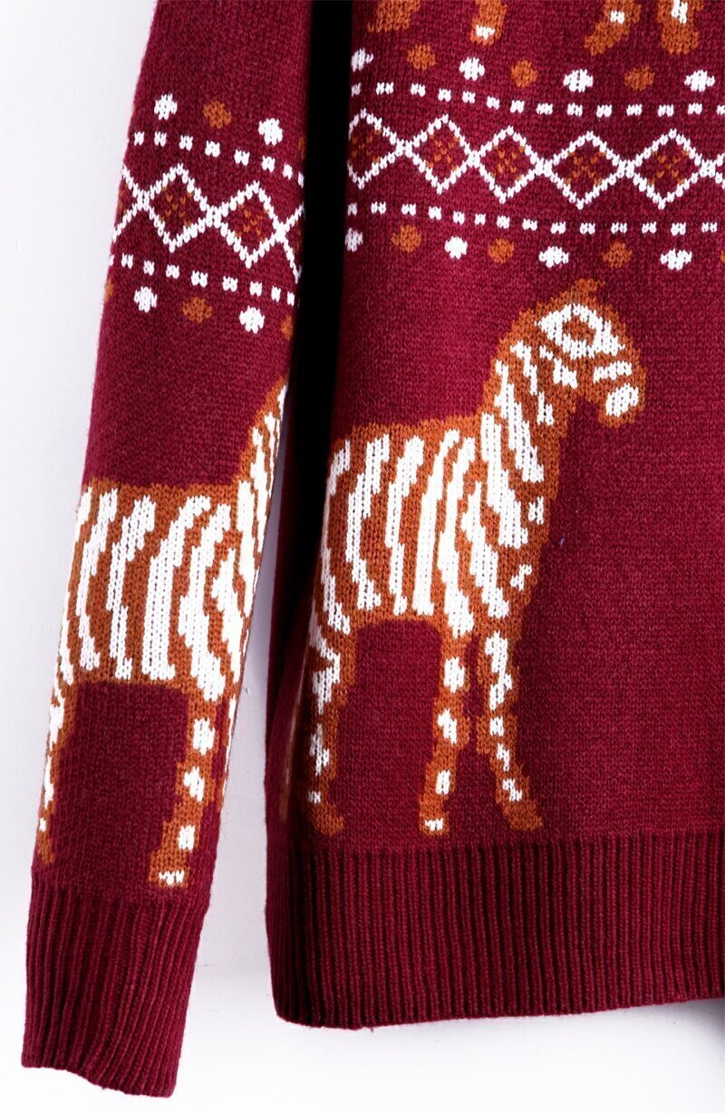 Oxblood Zebra Geometric Pattern Round Neck Sweater SheIn(Sheinside)