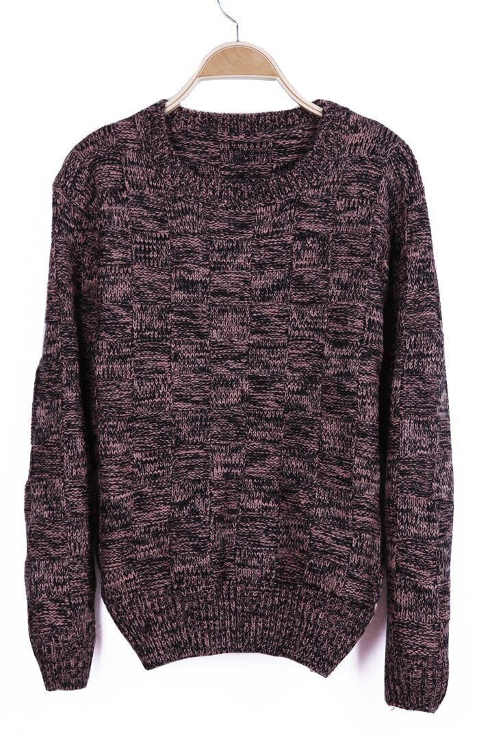 Wine Red Round Neck Long Sleeve Plaid Pullovers Sweater SheIn(Sheinside)