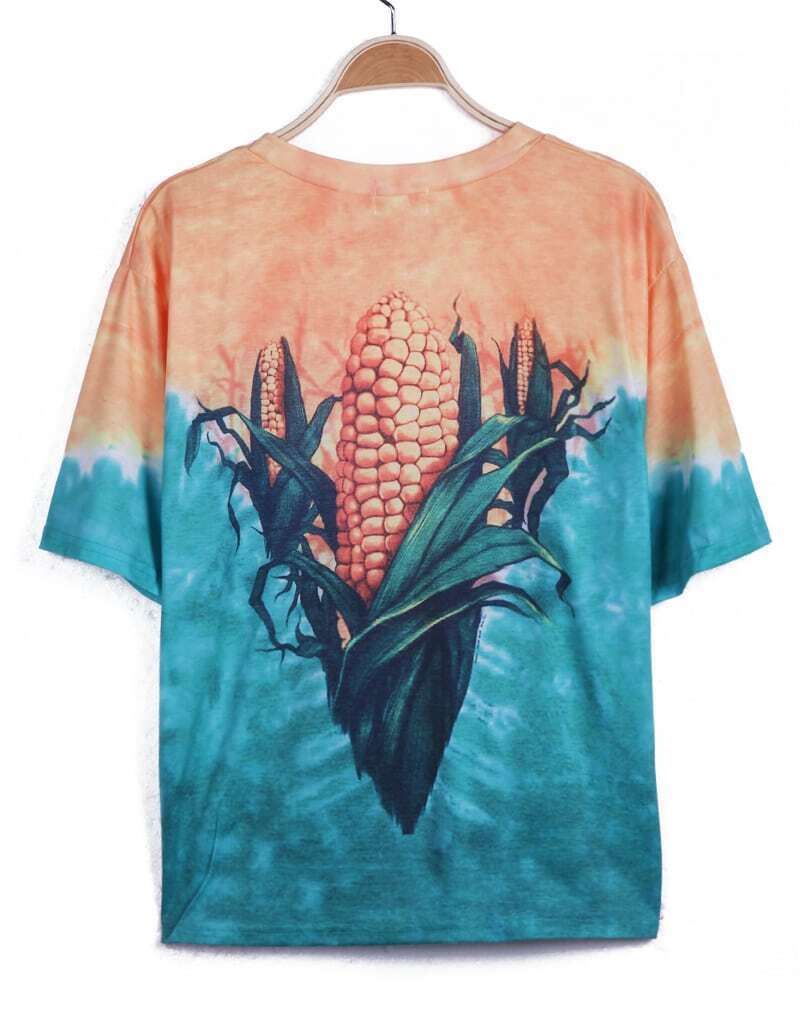 Yellow Green Short Sleeve Corn Print TShirt SheIn(Sheinside)