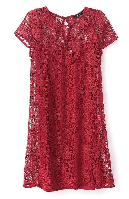 Wine Red Short Sleeve Crochet Lace Dress with Camisole ...