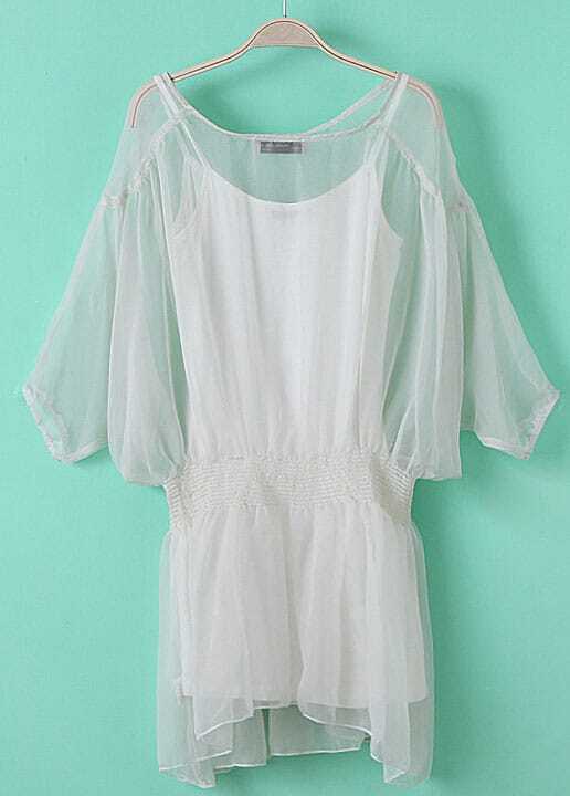 White Batwing Half Sleeve Bandeau Mesh Yoke Dress SheIn(Sheinside)