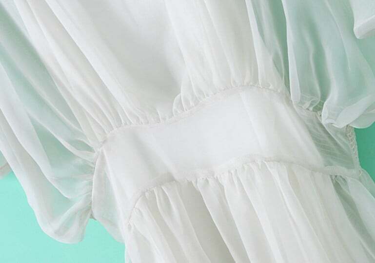 White Batwing Half Sleeve Bandeau Mesh Yoke Dress SheIn(Sheinside)